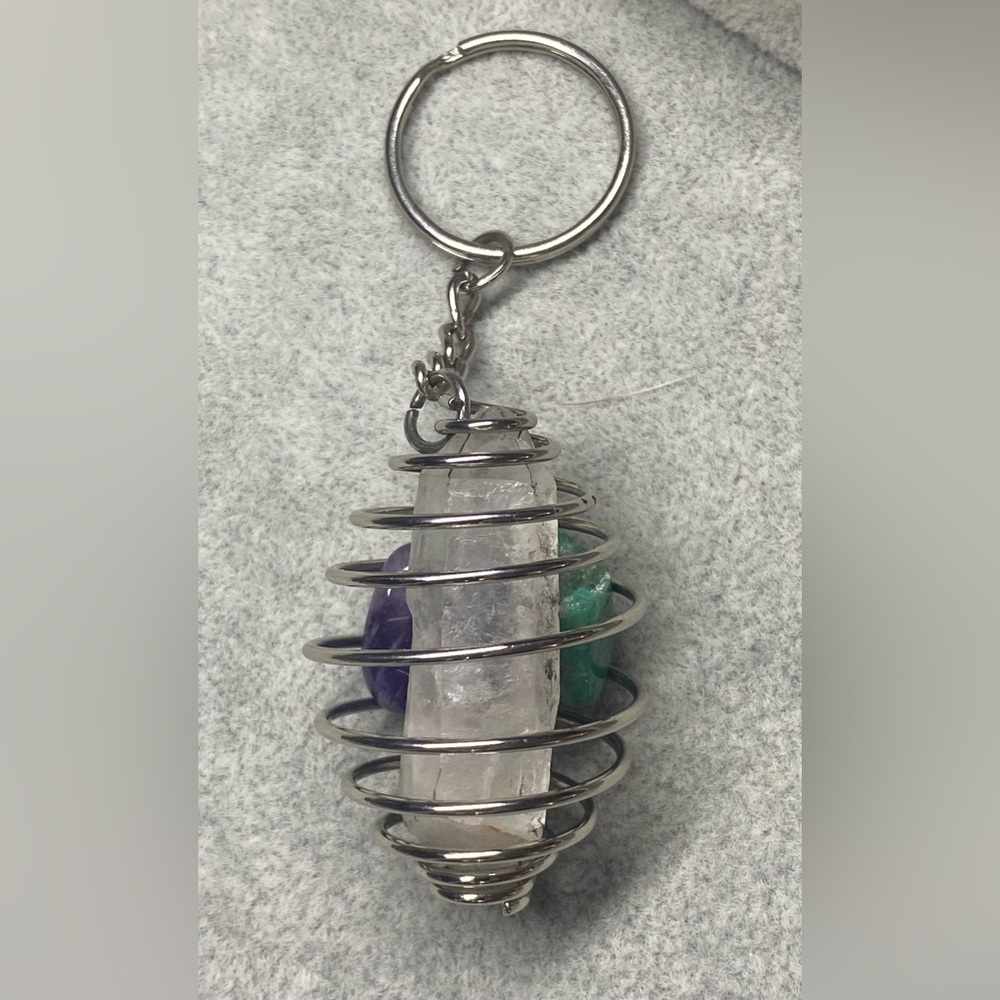 Hand Crafted Gemstone Keychain Clear Quartz Amethyst Amazonite Wire Wrapped - Picture 3 of 12